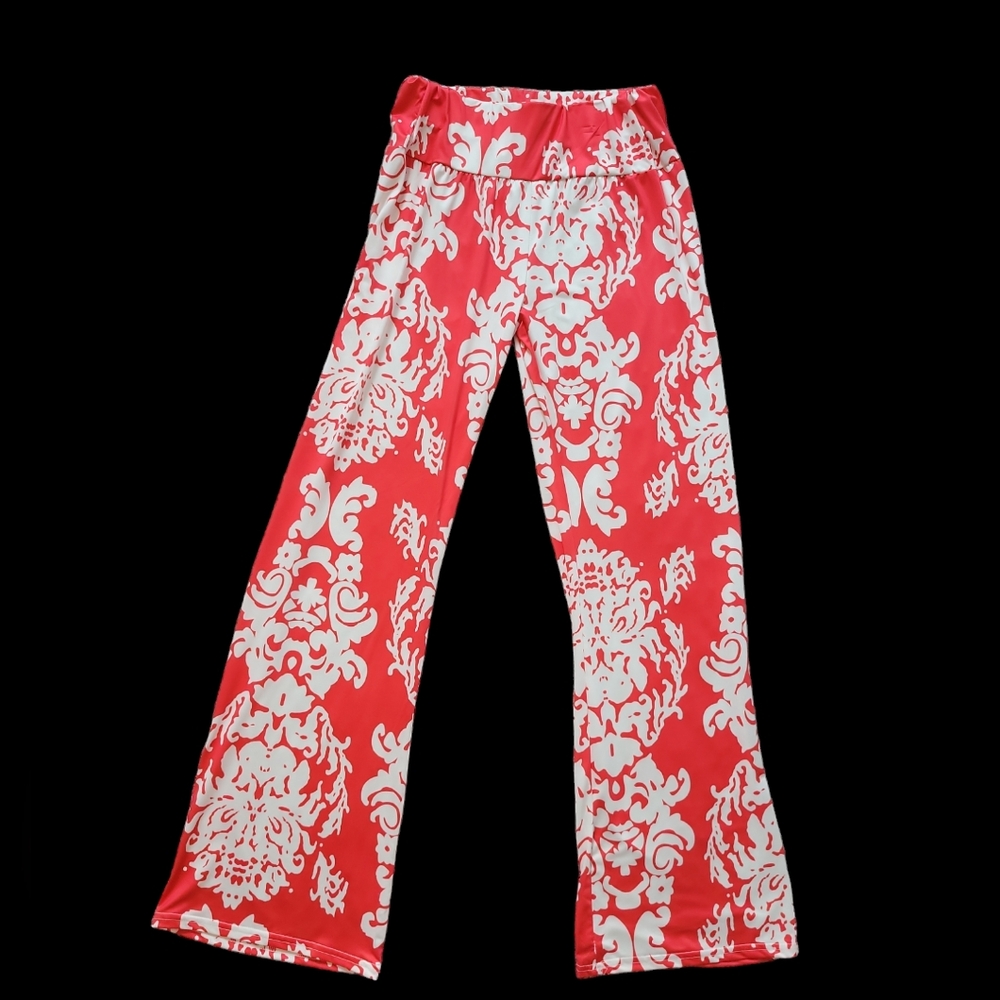 Red and White Wide Leg Floral Pants